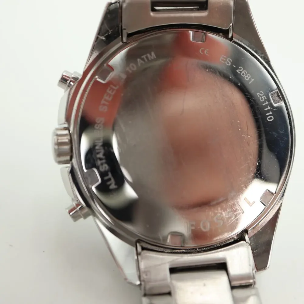 Fossil Decker Silver Tone 37mm Chronograph Watch Jewel Steel ES2681 New Battery